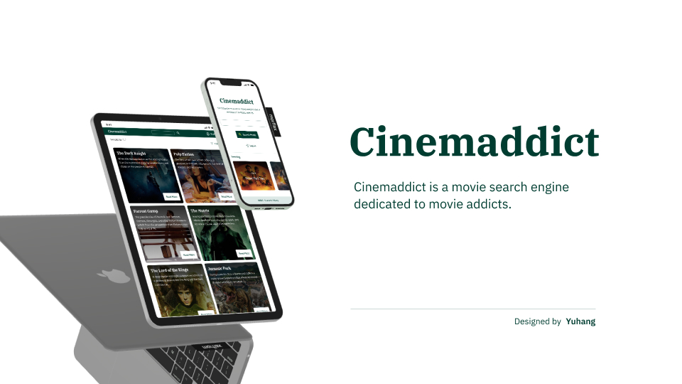 Mockup of Cinemaddict, a movie search app, shown on a laptop and phone with bold title and tagline on the right