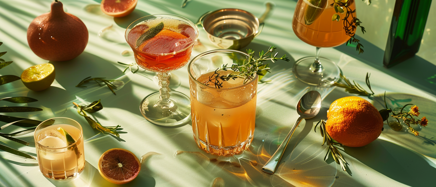 photo features cocktails like rosemary sour, tangerine smoothie, and red wizardry on green surface with sunlight shadows