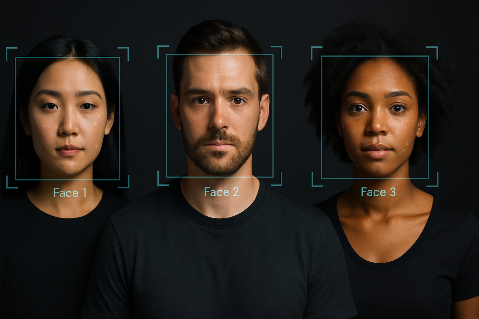 Three people shown from head to shoulders, facing the camera against a dark background. Each face is outlined with a digital facial detection box labeled Face 1, Face 2, and Face 3